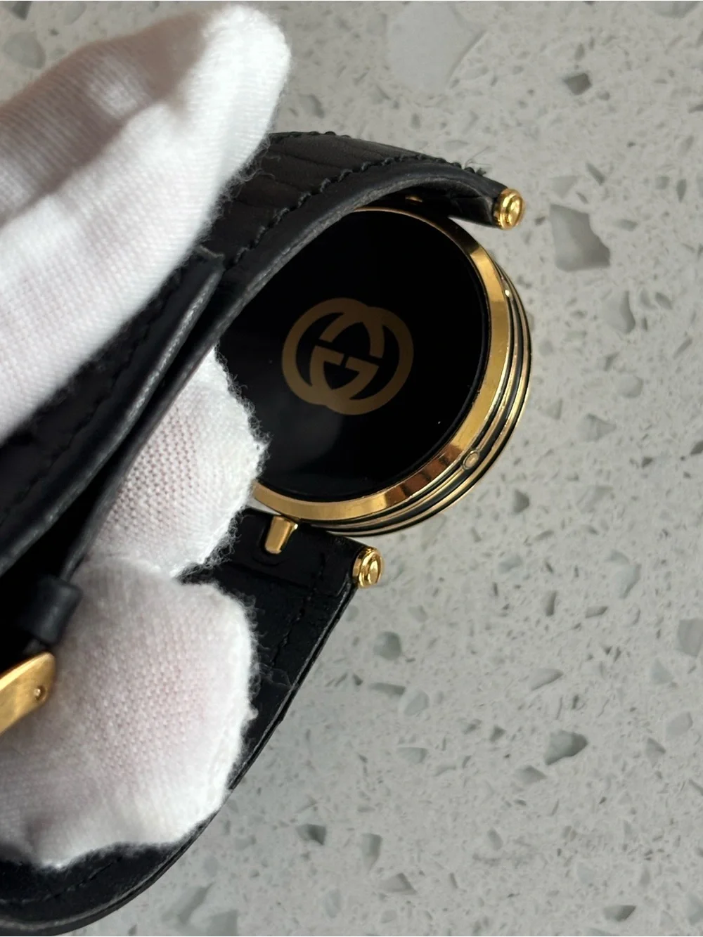 Gucci Gold-Tone Case White Dial Black Leather Strap Watch